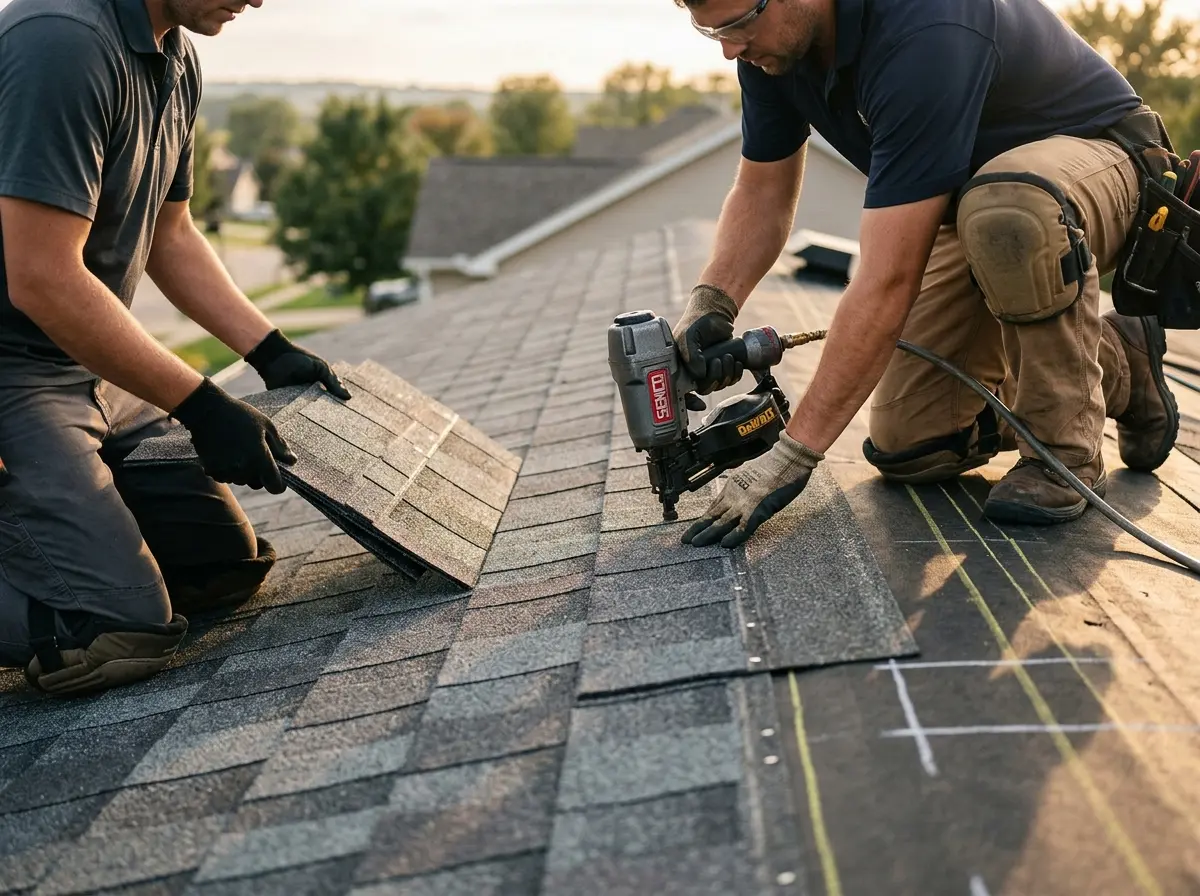 Professional roofer working on a residential roof in Meadowbrook